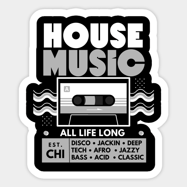 HOUSE MUSIC  - Cassette (Grey) Sticker by DISCOTHREADZ 